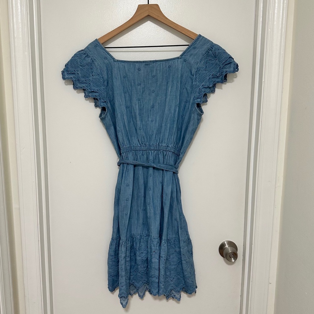 OLD NAVY | Blue Denim Chambray Embroidered Cutwork Eyelet Peasant Mini Dress, L - Picture 4 of 10